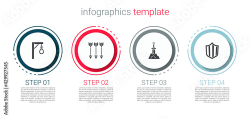 Set Gallows, Crossed arrows, Sword in the stone and Shield. Business infographic template. Vector