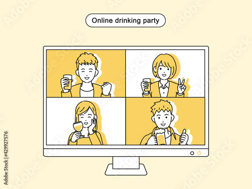 オンライン飲み会をする若い男女　リモート飲み会　宅飲み　忘年会　モニター　イラスト素材