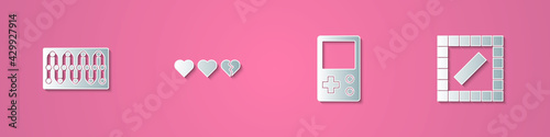 Set paper cut Board game, Hearts for, Tetris and icon. Paper art style. Vector