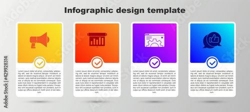 Set Megaphone, Board with graph chart, Browser setting and Customer product rating. Business infographic template. Vector