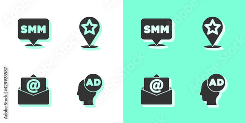 Set Advertising, Social media marketing, Mail and e-mail and Map pointer with star icon. Vector