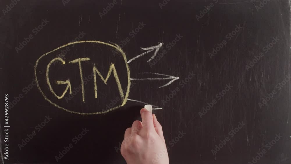 Shortening the phrase go to market in the form of letters GTM written on a chalkboard hand, timelapse. Concept of store and sales.