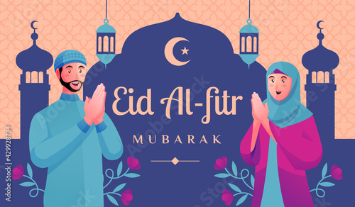 Muslim men and women welcome Eid al-fitr mubarak 