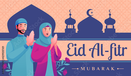 Muslim men and women welcome Eid al-fitr mubarak 