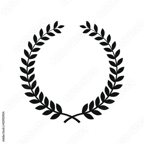 Collection of different black and white silhouette circular laurel foliate, wheat wreaths depicting an award, achievement, heraldry, nobility. Isolated on a blank background. Can be edited.