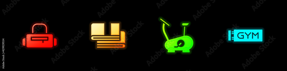 Set Sport bag, Towel stack, Stationary bicycle and Location gym icon. Vector Set Sport bag, Towel stack, Stationary bicycle and Location gym icon. Vector