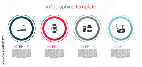 Set Treadmill machine, Smart watch, Sports nutrition and Stationary bicycle. Business infographic template. Vector