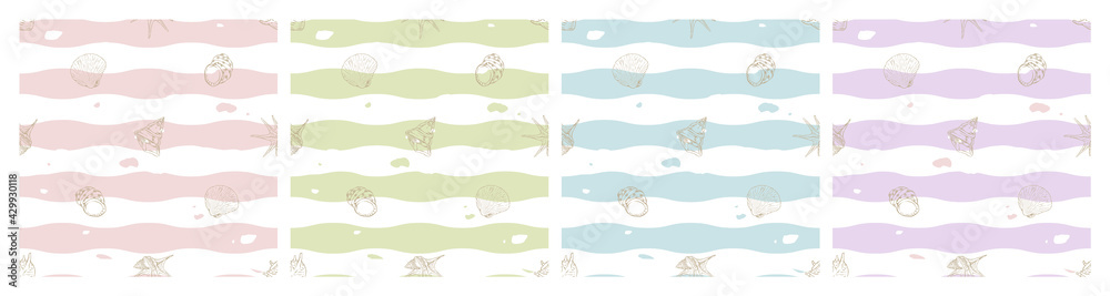 pastel colour palette small seashell ocean theme surface pattern design for fabric, textile, clothes, wrapping paper, gift wrap,  stationery, shellfish, clam, doodle, art