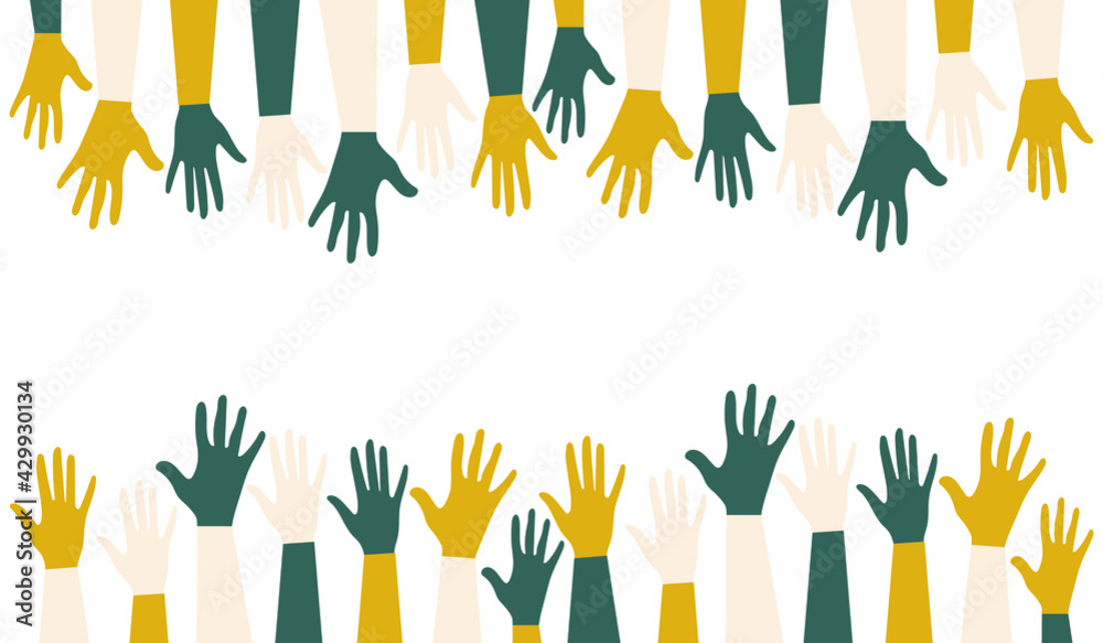 International Youth Day. Voting in elections. Fight for equal rights. Silhouettes of hands of guys and girls of different nationalities and religions. Festive poster in trendy colors. Vector graphics.