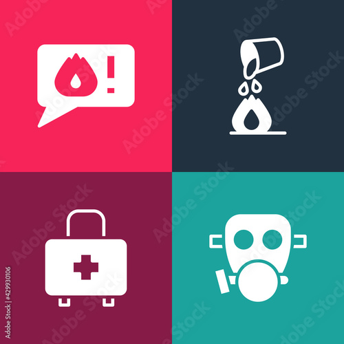 Set pop art Gas mask, First aid kit, Bucket extinguishing fire and Telephone call 911 icon. Vector