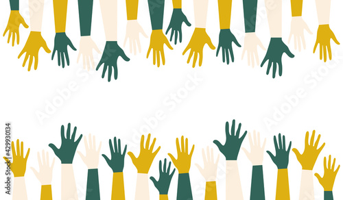 International Youth Day. Voting in elections. Fight for equal rights. Silhouettes of hands of guys and girls of different nationalities and religions. Festive poster in trendy colors. Vector graphics.