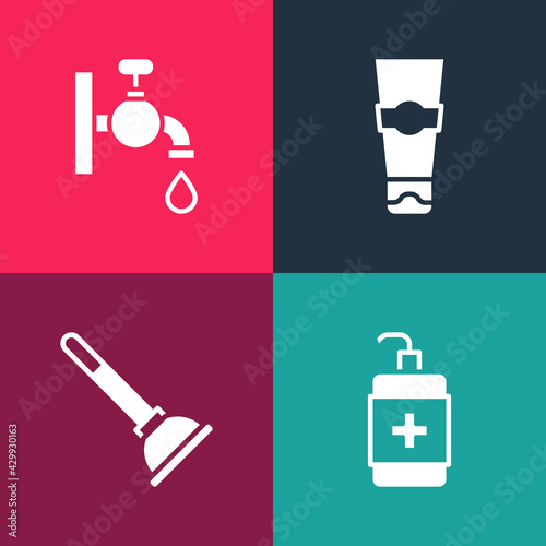 Set pop art Hand sanitizer bottle  Rubber plunger  Tube of toothpaste and Water tap icon. Vector