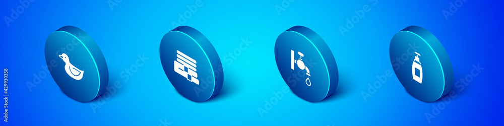 Set Isometric Rubber duck, Water tap, Bottle of liquid soap and Towel stack icon. Vector Set Isometric Rubber duck, Water tap, Bottle of liquid soap and Towel stack icon. Vector
