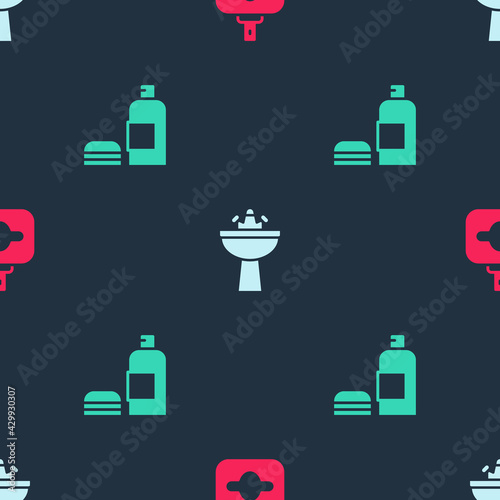 Set Perfume  Washbasin with water tap and Bottle of shampoo on seamless pattern. Vector