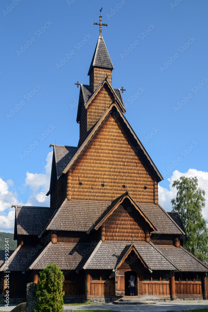 View of medieval Heddal stave church (Heddal Stavkirke) at sunny day. Norway.