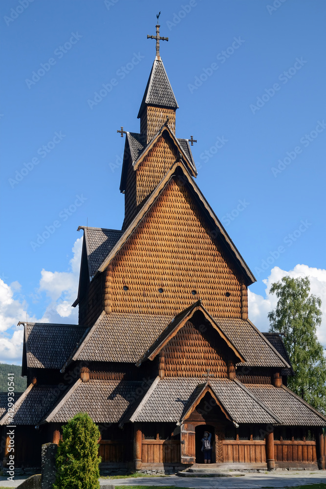 View of medieval Heddal stave church (Heddal Stavkirke) at sunny day. Norway. View of medieval Heddal stave church (Heddal Stavkirke) at sunny day. Norway.