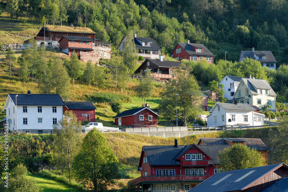 Typical Norwegian rural landscape at sunny day. Roldal village, Norway.