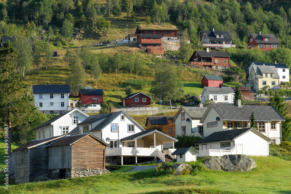 Typical Norwegian rural landscape at sunny day. Roldal village, Norway.