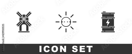 Set Wind turbine, Solar energy panel and Bio fuel barrel icon. Vector