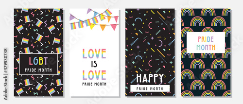 LGBT Pride Month in June posters and web templates. Lesbian Gay Bisexual Transgender. Celebrated annual pride month. LGBT flags, Rainbow and love concept. Human rights and tolerance. Poster, card, ban