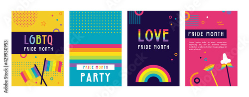 LGBT Pride Month in June posters and web templates. Lesbian Gay Bisexual Transgender. Celebrated annual pride month. LGBT flags, Rainbow and love concept. Human rights and tolerance. Poster, card, ban