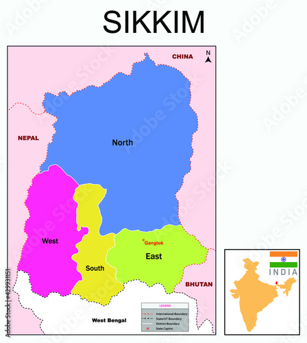 Sikkim map. Highlight Sikkim map on India map with a boundary line. Sikkim political map.