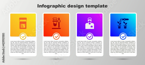 Set Jar with additives, Test tube flask on stand, Laboratory assistant and Pipette plant. Business infographic template. Vector