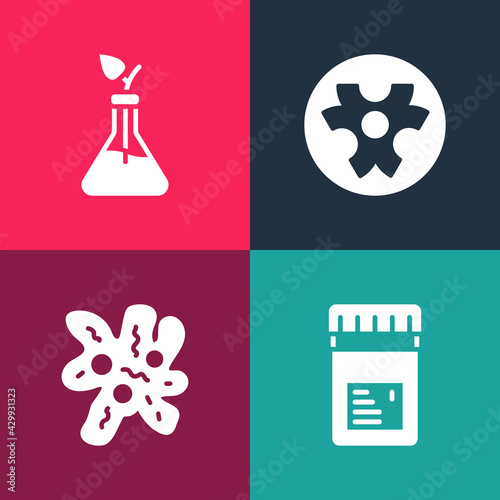 Set pop art Jar with additives, Cell, Biohazard symbol and Plant breeding icon. Vector