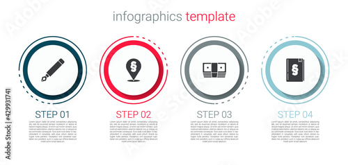 Set Fountain pen nib, Location law, Bribe money cash and Law book. Business infographic template. Vector