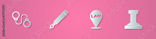 Set paper cut Handcuffs, Fountain pen nib, Location law and Stamp icon. Paper art style. Vector