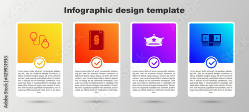 Set Handcuffs, Law book, Police cap with cockade and Bribe money cash. Business infographic template. Vector
