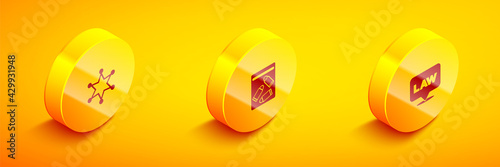 Set Isometric Hexagram sheriff, Evidence bag and bullet and Location law icon. Vector