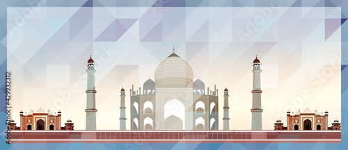 Foto Taj Mahal in Agra vector colorful poster on beautiful triangular texture backgro