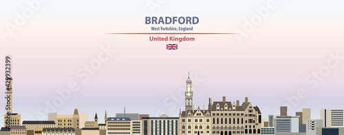 Bradford cityscape on sunset sky background vector illustration with country and city name and with flag of United Kingdom