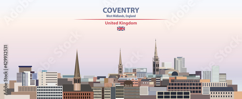 Coventry cityscape on sunset sky background vector illustration with country and city name and with flag of United Kingdom