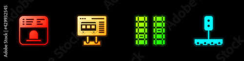 Set Ticket office to buy tickets, , Railway, railroad track and Train traffic light icon. Vector