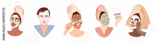 Beautiful happy people with spa facial mask and in bath towel. Skin care relaxing with cucmber slices on eyes. Flat vector illustrations set on white background.