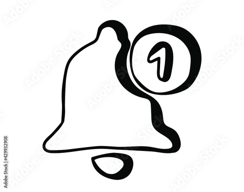 Hand drawn Message bell icon with notification in doodle style. Social media element. New message symbol.  Isolated on white background