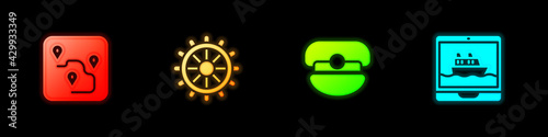 Set Route location, Ship steering wheel, Captain hat and Cruise ship icon. Vector