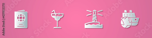 Set paper cut Passport, Cocktail, Lighthouse and Cruise ship icon. Paper art style. Vector
