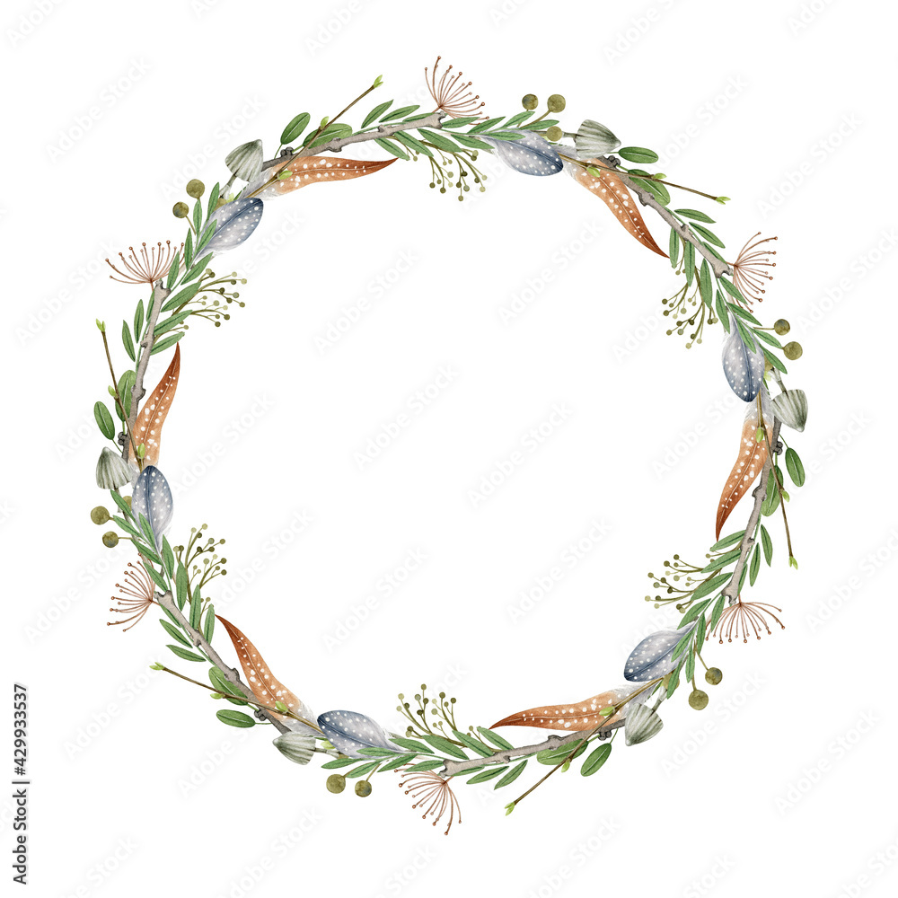 Naklejka premium Floral natural boho wreath. Hand drawn rustic elegant round frame. Countryside wreath from fern, evergreen herbs, forest leaves, feathers. Natural festive round decor. Seasonal autumn frame