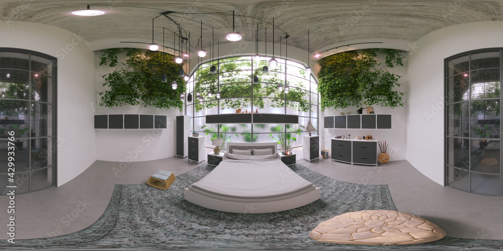 3d rendering industrial bedroom panorama 360