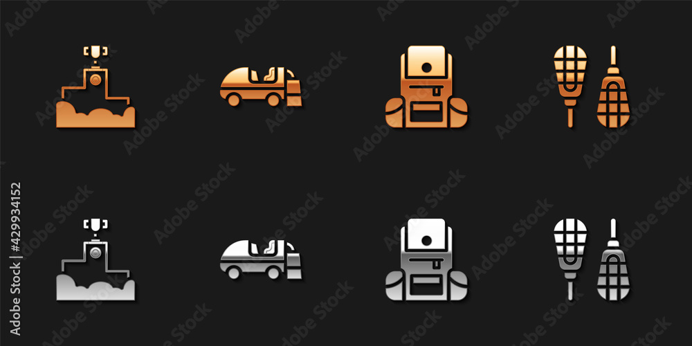 Set Award winner podium, Ice resurfacer, Hiking backpack and Snowshoes icon. Vector Set Award winner podium, Ice resurfacer, Hiking backpack and Snowshoes icon. Vector
