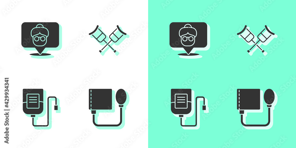 Set Blood pressure, Nursing home, IV bag and Crutch or crutches icon. Vector