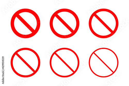 Set of prohibition signs of different thicknesses. Stop symbol isolated. Red ban icon. Vector illustration. 