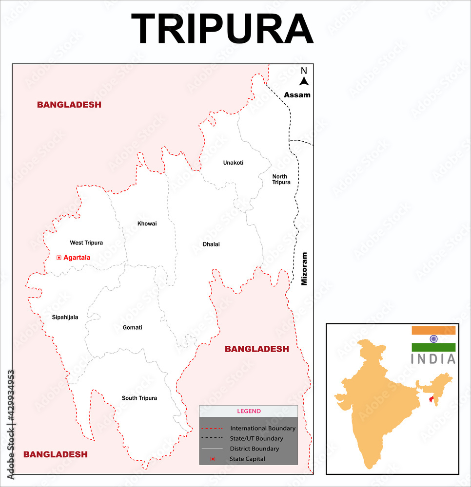 Tripura map. Highlight Tripura map on India map with a boundary line. Tripura major cities map.