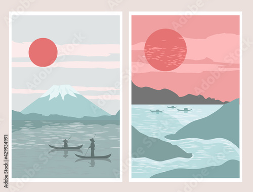 Set modern minimalist art abstraction poster. Mount Fuji sunrise landscape Japan panorama, fishermen in boats, lake. The concept of nature, travel, and oriental color. Vector graphics.