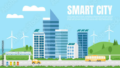 Green Eco friendly smart city landscape. Skyscrapers,solar panels, windmills, waste bins, electrocar, train, and electrobus.  Renewable energy, waste recycling. Web banner, template.

