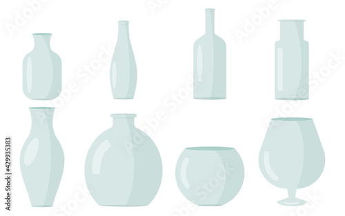 Glass vases collection. Set of various glass objects. Vector illustration in flat style.