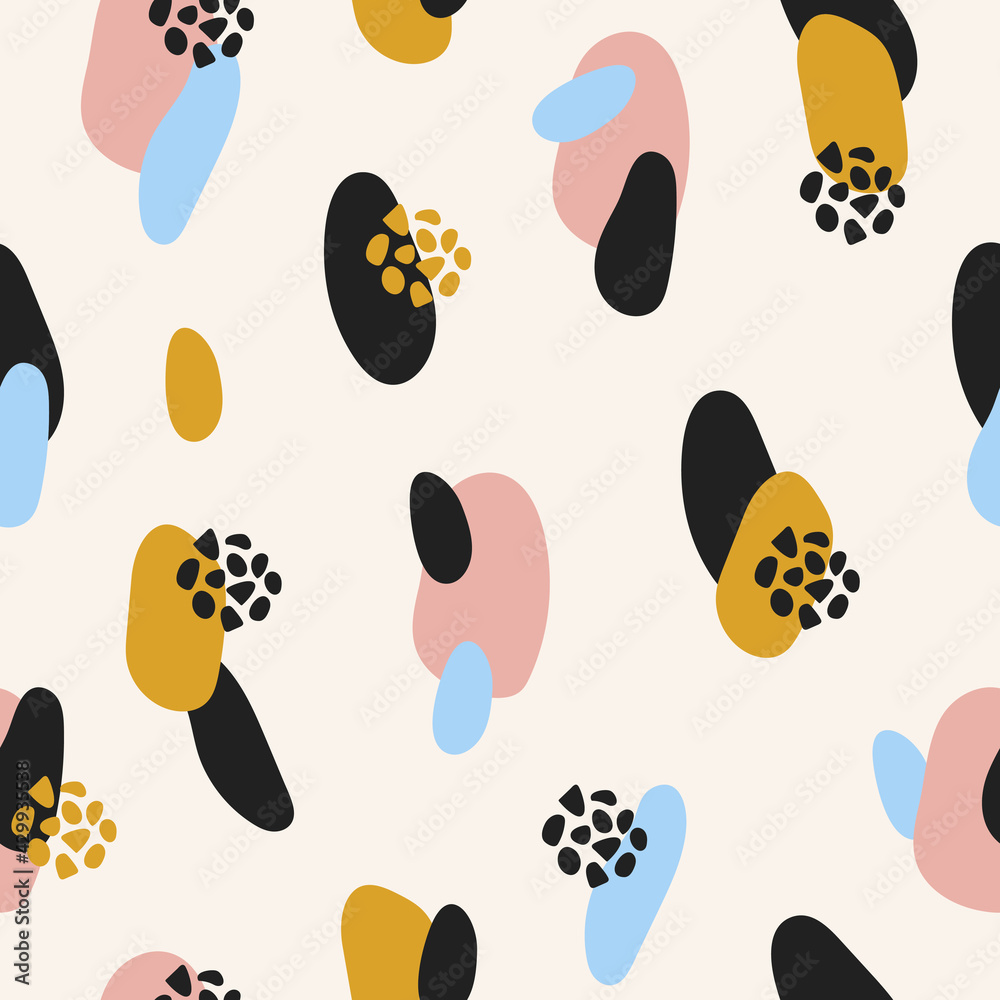 Abstract seamless pattern with simple colorful hand drawn shapes on pastel background. Trendy vector minimal design with chaotic colored shapes and spots Abstract seamless pattern with simple colorful hand drawn shapes on pastel background. Trendy vector minimal design with chaotic colored shapes and spots